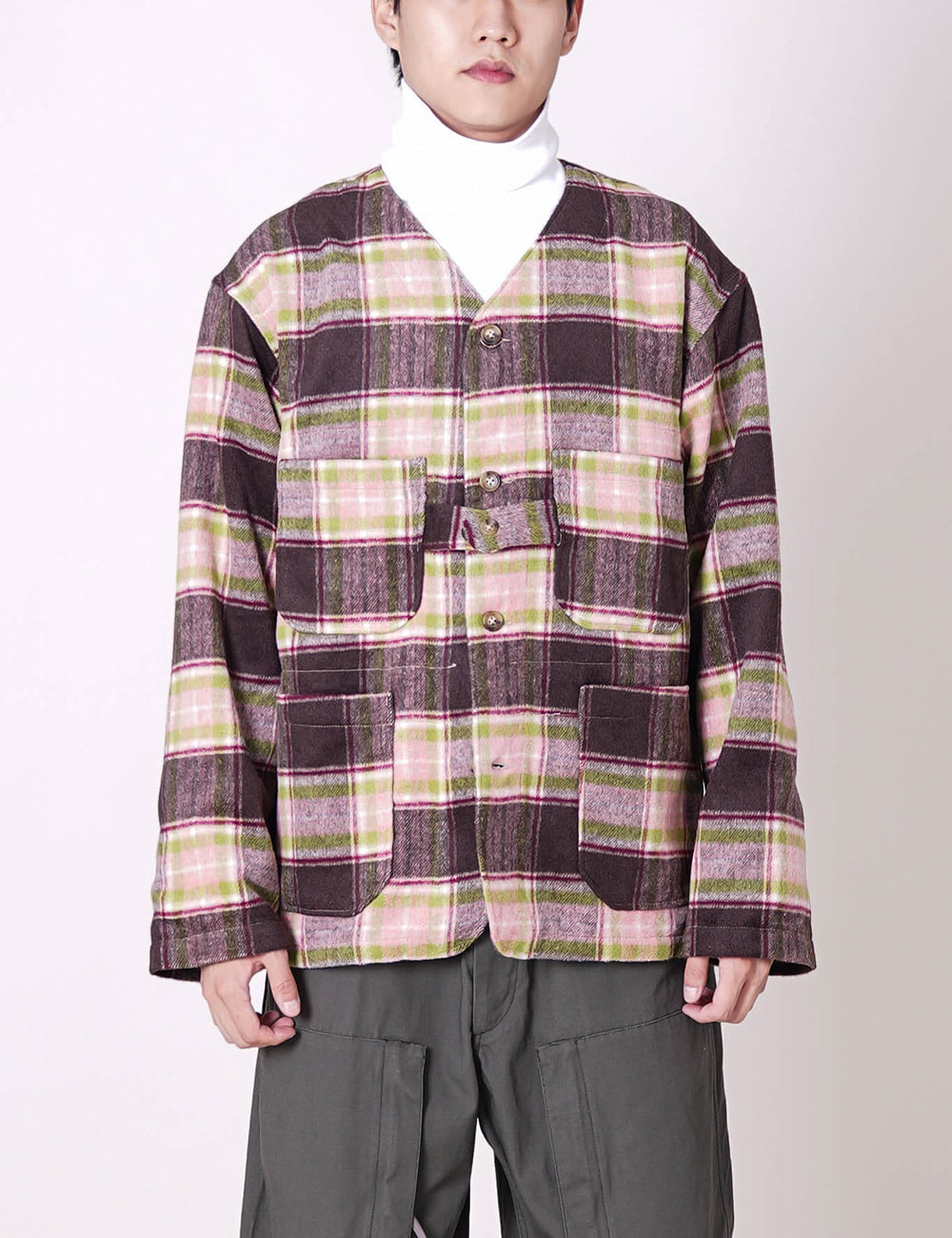 Engineered Garments : Cardigan Jacket (Brown/Pink Poly Wool Plaid)