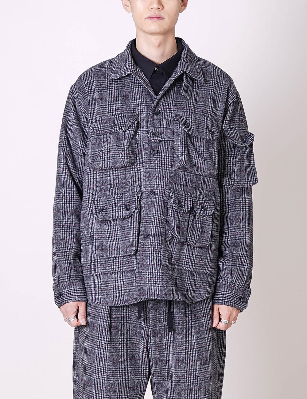 Engineered Garments : Explorer Shirt Jacket (Grey/Maroon Poly Wool Glen Plaid)
