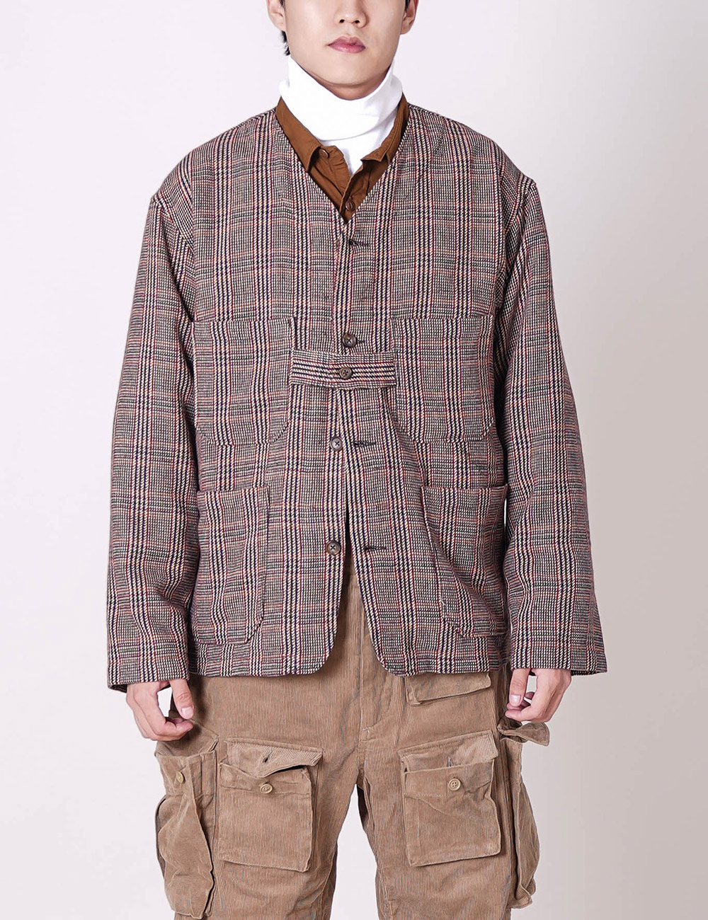 Engineered Garments : Cardigan Jacket (Brown/Orange Wool Poly Glen Plaid)
