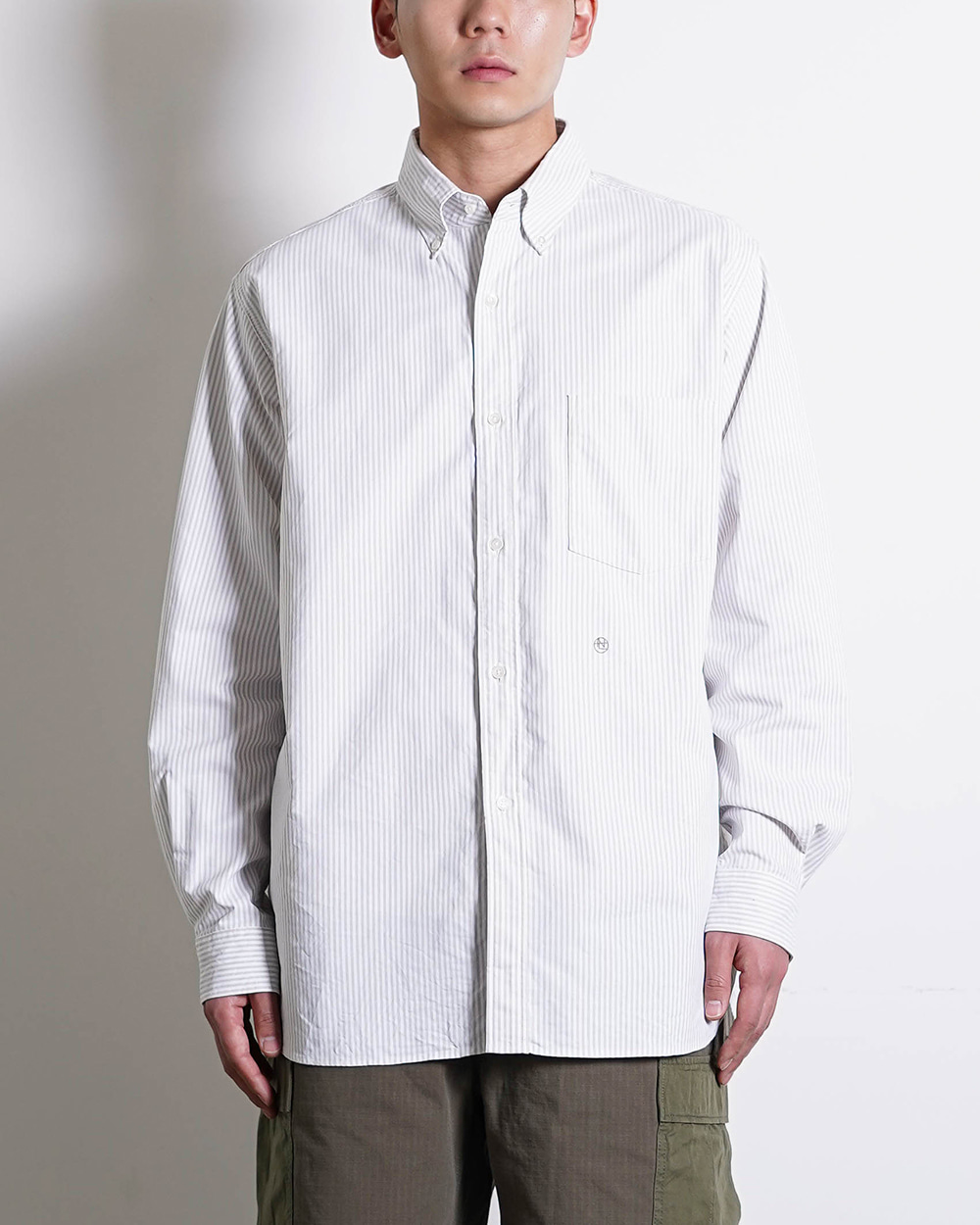 Button Down Stripe Wind Shirt (Taupe)